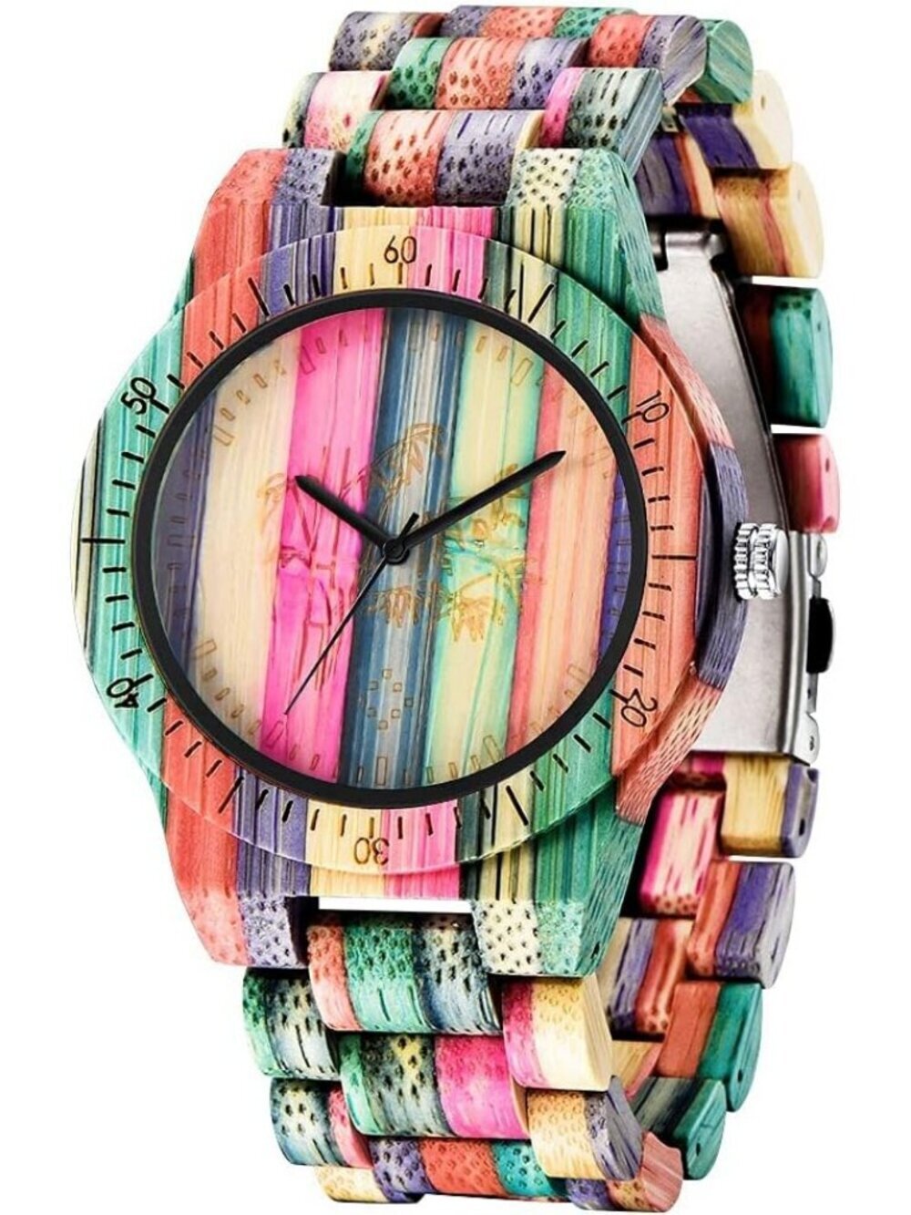 Men's Multi Color Handmade Round Colorful Tree Bamboo Analog Quartz Wooden Watch